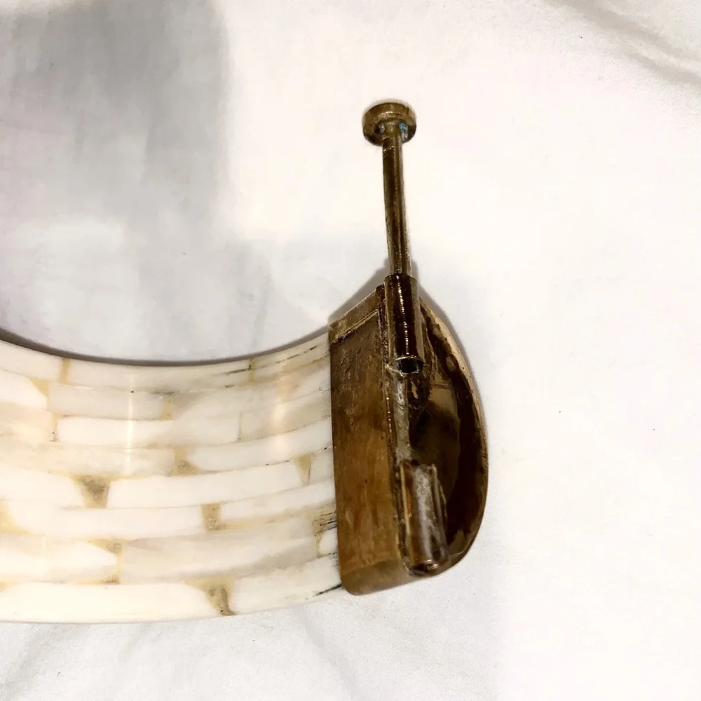 Vintage luxury Ivory Bone Black Agate Stone hinged pin bangle bracelet
